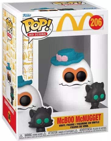 Funko Pop! McDonald’s – McBoo McNugget (N°206). Figurine représentant le Fantôme McNugget avec un chapeau bleu et un chat noir, hommage aux jouets vintage McDonald’s.