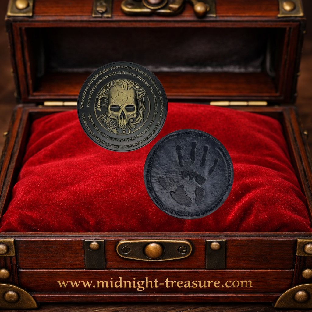 Médaillon Confrérie Noire The Elder Scrolls IV Oblivion Remastered – édition limitée. Médaillon officiel de 70 mm en double placage noir et or, numéroté, inspiré de la Dark Brotherhood avec crâne gravé et empreinte sanglante.