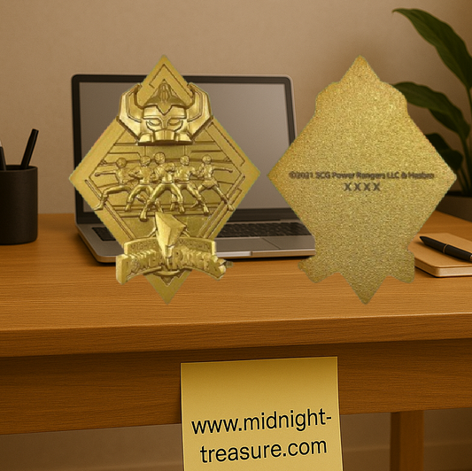 Médaillon Power Rangers – Édition Limitée 5 000 exemplaires – Plaqué or 24 carats – 9 x 12,5 cm. Médaillon numéroté avec boîte et support de présentation. Une pièce prestigieuse pour les fans de Power Rangers.