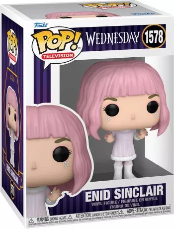 Funko Pop! Wednesday (Mercredi) – Enid Sinclair (N°1578). Figurine avec cheveux roses, robe lilas et bottes blanches, représentant la colocataire joyeuse et attachante de Wednesday Addams. Un must-have pour les fans de la série Netflix.