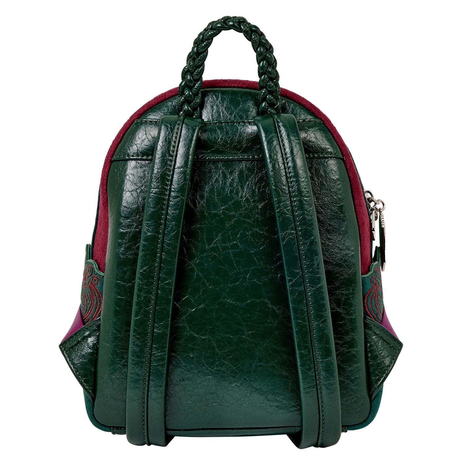 Mini backpack Loungefly – Charmed – The Power of Three – 21 x 11 x 27 cm. Sac à dos velours bordeaux et vert avec poche avant en forme de livre brodé, pendentif cristal et doublure thématique. Un must-have pour les fans de Charmed et de magie.

