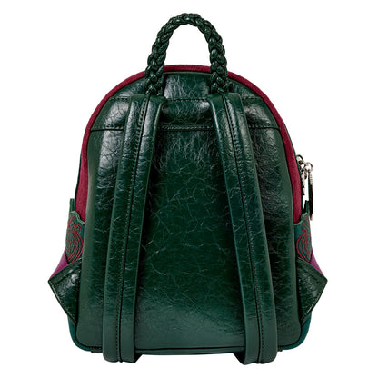 Mini backpack Loungefly – Charmed – The Power of Three – 21 x 11 x 27 cm. Sac à dos velours bordeaux et vert avec poche avant en forme de livre brodé, pendentif cristal et doublure thématique. Un must-have pour les fans de Charmed et de magie.

