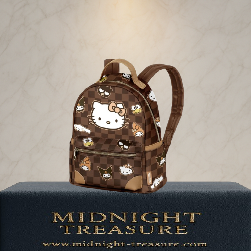 Mini sac à dos Heady – Hello Kitty & Friends Damier – Sanrio – 25 x 21 x 11 cm. Sac en PVC marron à motif damier avec illustrations Hello Kitty et ses amis, poche frontale zippée et style kawaii chic.