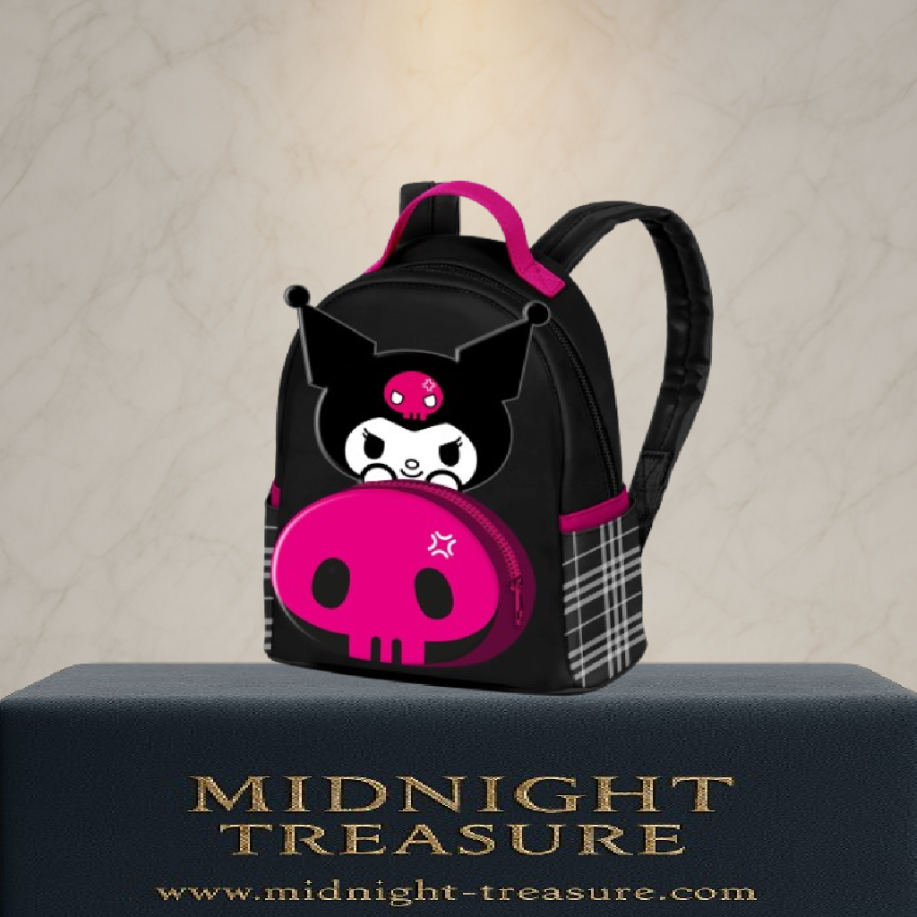 Mini sac à dos Heady – Kuromi Skull – Sanrio – 25 x 21 x 11 cm. Sac en PVC noir avec motif crâne rose Kuromi, poche frontale zippée et design punk kawaii.