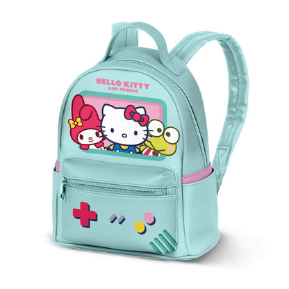 Mini sac à dos Hello Kitty & Friends – Gaming – 25 x 21 x 11 cm. Sac pastel avec design console rétro et personnages Sanrio : Hello Kitty, My Melody et Keroppi. Accessoire kawaii parfait pour les fans de Sanrio.