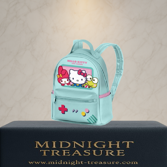 Mini sac à dos Hello Kitty & Friends – Gaming – 25 x 21 x 11 cm. Sac pastel avec design console rétro et personnages Sanrio : Hello Kitty, My Melody et Keroppi. Accessoire kawaii parfait pour les fans de Sanrio.