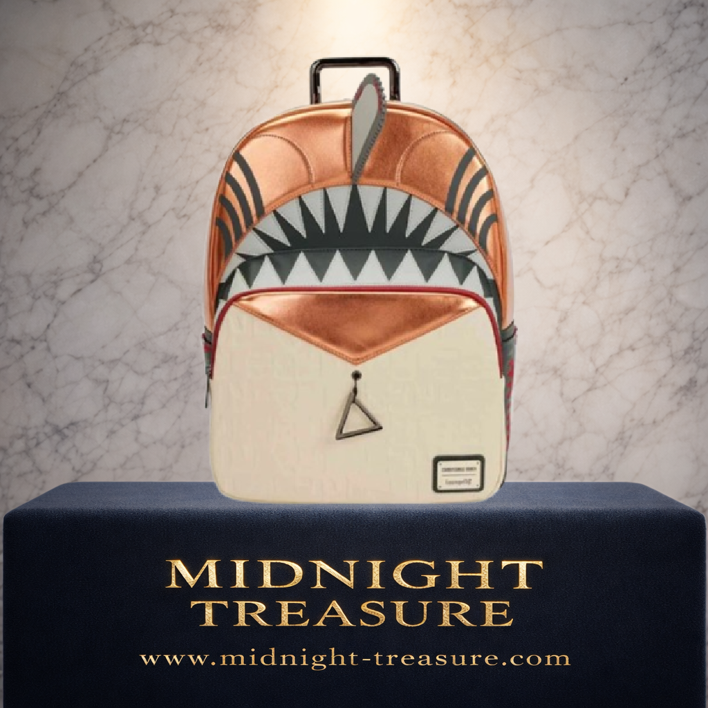 Mini sac à dos Loungefly Chainsaw Man Denji – 30 x 43 x 13 cm. Sac inspiré du casque tronçonneuse de Denji avec détails métalliques, dents acérées et effets sanglants.