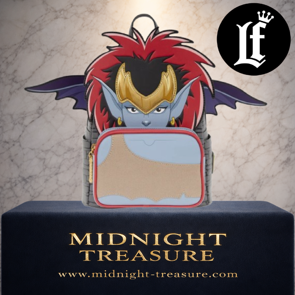 Mini Sac à Dos Loungefly Demona – Gargoyles – Disney – 23 x 27 x 12 cm. Sac cosplay officiel reproduisant Demona avec ailes déployables, chevelure en relief, motif pierre embossé, tirette gargouille et finitions premium Loungefly.