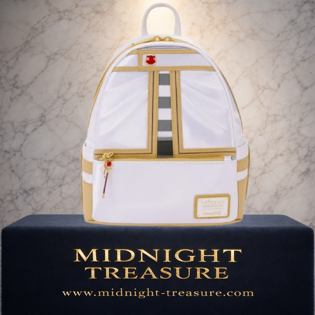 Mini Sac à Dos Loungefly Frieren Cosplay – Frieren: Beyond Journey's End – 23 x 27 x 12 cm. Sac inspiré de la tenue emblématique de Frieren avec finitions dorées, tirette en forme de bâton magique et détails premium Loungefly pour les fans de l'anime.