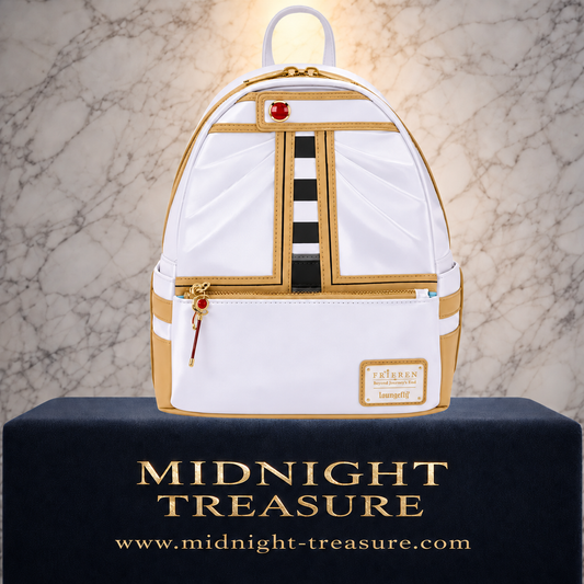 Mini Sac à Dos Loungefly Frieren Cosplay – Frieren: Beyond Journey's End – 23 x 27 x 12 cm. Sac inspiré de la tenue emblématique de Frieren avec finitions dorées, tirette en forme de bâton magique et détails premium Loungefly pour les fans de l'anime.