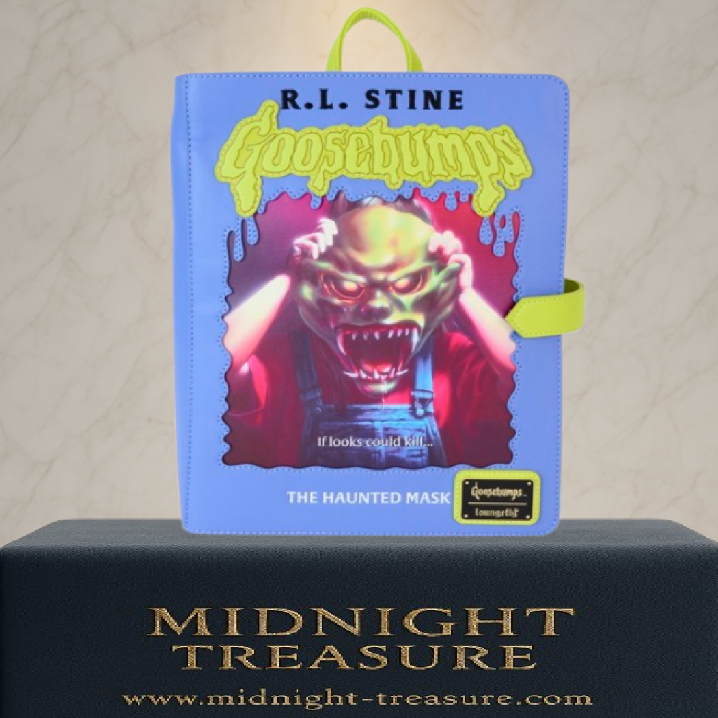 Mini sac à dos Loungefly – Goosebumps / Chair de Poule – The Haunted Mask – Glow in the Dark – 23 x 11 x 27 cm. Sac rigide en forme de livre avec illustration effrayante, effet phosphorescent et bretelles vertes. Parfait pour les fans d’horreur rétro et de pop culture.

