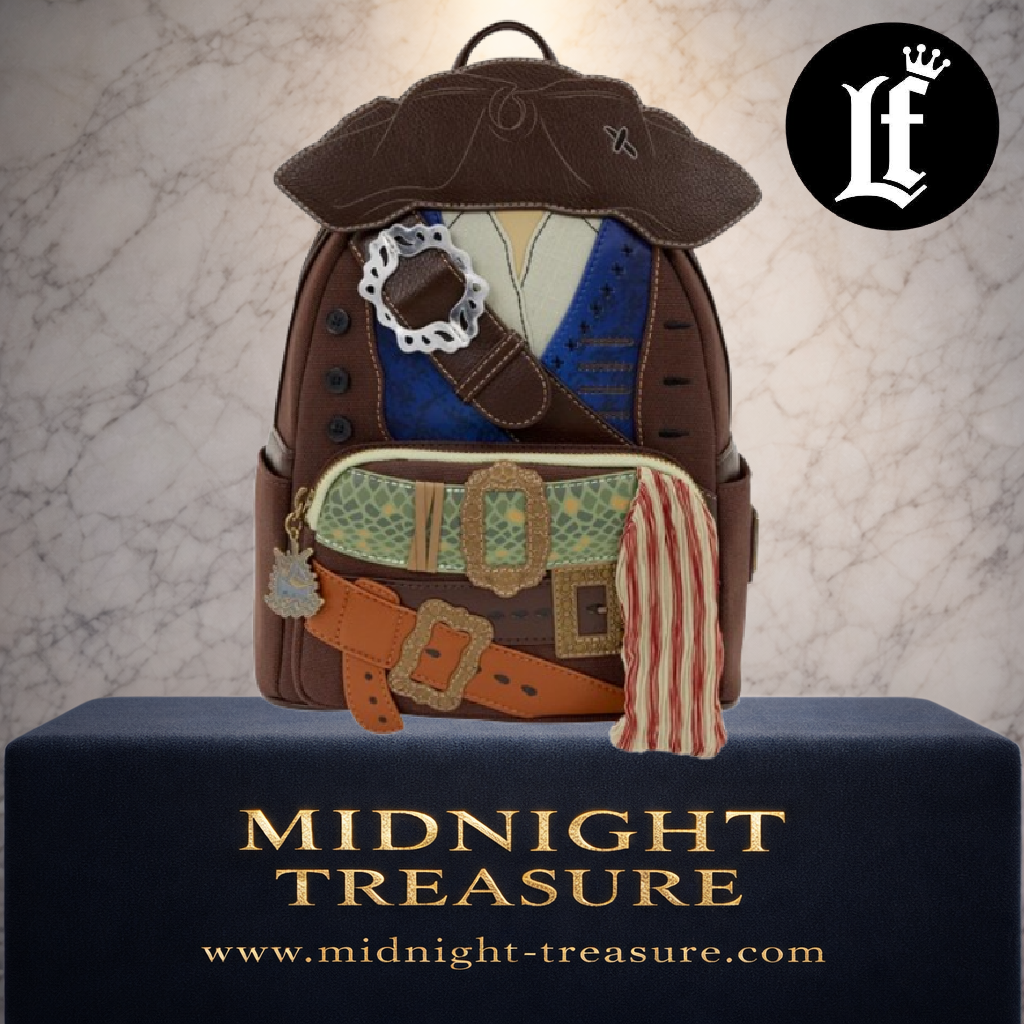 Mini Sac à Dos Loungefly Jack Sparrow – Pirates des Caraïbes – Disney – 23 x 27 x 12 cm. Sac cosplay officiel reproduisant la tenue du célèbre capitaine pirate avec tricorne en relief, foulard en tissu, tirette hirondelle et finitions premium Loungefly.