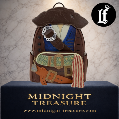 Mini Sac à Dos Loungefly Jack Sparrow – Pirates des Caraïbes – Disney – 23 x 27 x 12 cm. Sac cosplay officiel reproduisant la tenue du célèbre capitaine pirate avec tricorne en relief, foulard en tissu, tirette hirondelle et finitions premium Loungefly.