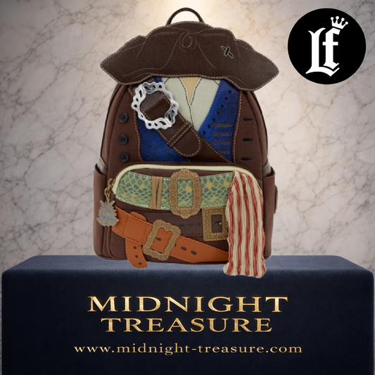 Mini Sac à Dos Loungefly Jack Sparrow – Pirates des Caraïbes – Disney – 23 x 27 x 12 cm. Sac cosplay officiel reproduisant la tenue du célèbre capitaine pirate avec tricorne en relief, foulard en tissu, tirette hirondelle et finitions premium Loungefly.