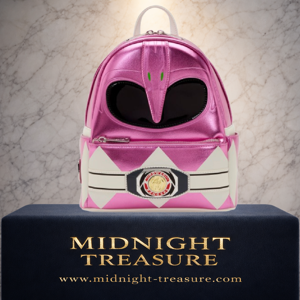 Mini Sac à Dos Loungefly Pink Ranger – Mighty Morphin Power Rangers – 23 x 27 x 12 cm. Sac cosplay métallisé reproduisant le casque et la ceinture emblématiques du Ranger Rose avec finitions premium Loungefly.