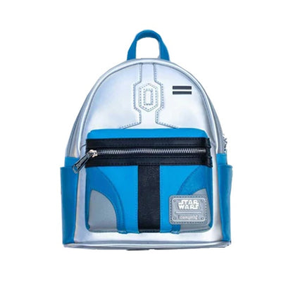 Mini sac à dos Loungefly – Star Wars – Jango Fett – 23 x 26 x 11 cm. Design inspiré du casque argenté et bleu du célèbre chasseur de primes mandalorien. Parfait pour les fans de Star Wars.