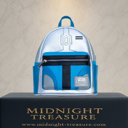 Mini sac à dos Loungefly – Star Wars – Jango Fett – 23 x 26 x 11 cm. Design inspiré du casque argenté et bleu du célèbre chasseur de primes mandalorien. Parfait pour les fans de Star Wars.
