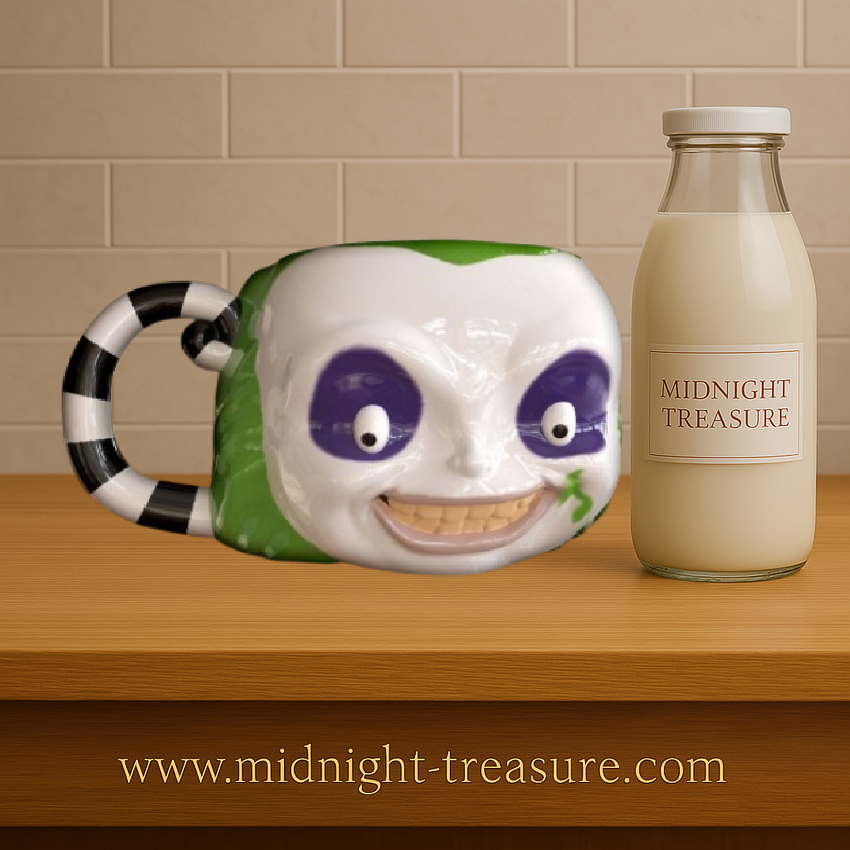 Mug 3D Beetlejuice – Beetlejuice – 300 ml – Officiel. Mug en céramique sculpté avec visage emblématique de Beetlejuice et poignée rayée. Un must-have pour les fans de Tim Burton et de cinéma culte.