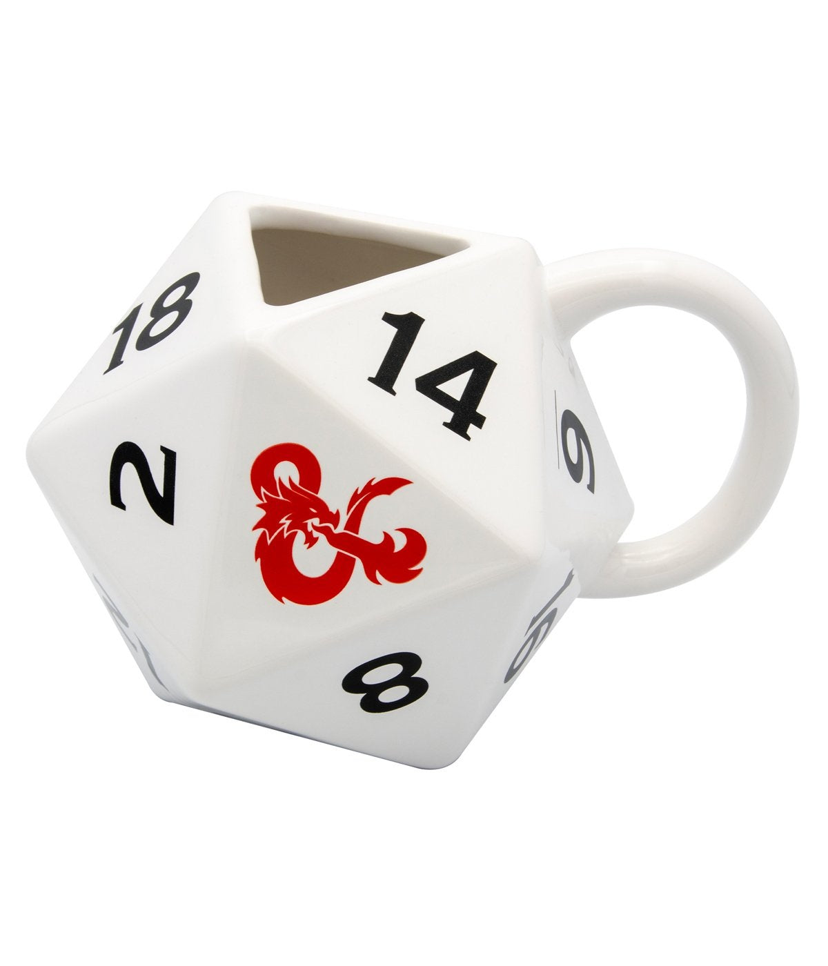 Mug 3D Dé D20 – Donjons & Dragons – Officiel. Mug en céramique en forme de dé à 20 faces avec logo rouge emblématique. Parfait pour les fans de jeux de rôle et de fantasy.

