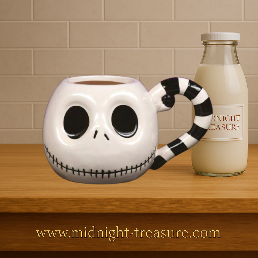 Mug 3D Jack Skellington – L’Étrange Noël de Monsieur Jack – 370 ml – Officiel. Mug en céramique sculpté avec visage emblématique de Jack et poignée rayée noir et blanc. Un must-have pour les fans de Tim Burton et Disney.