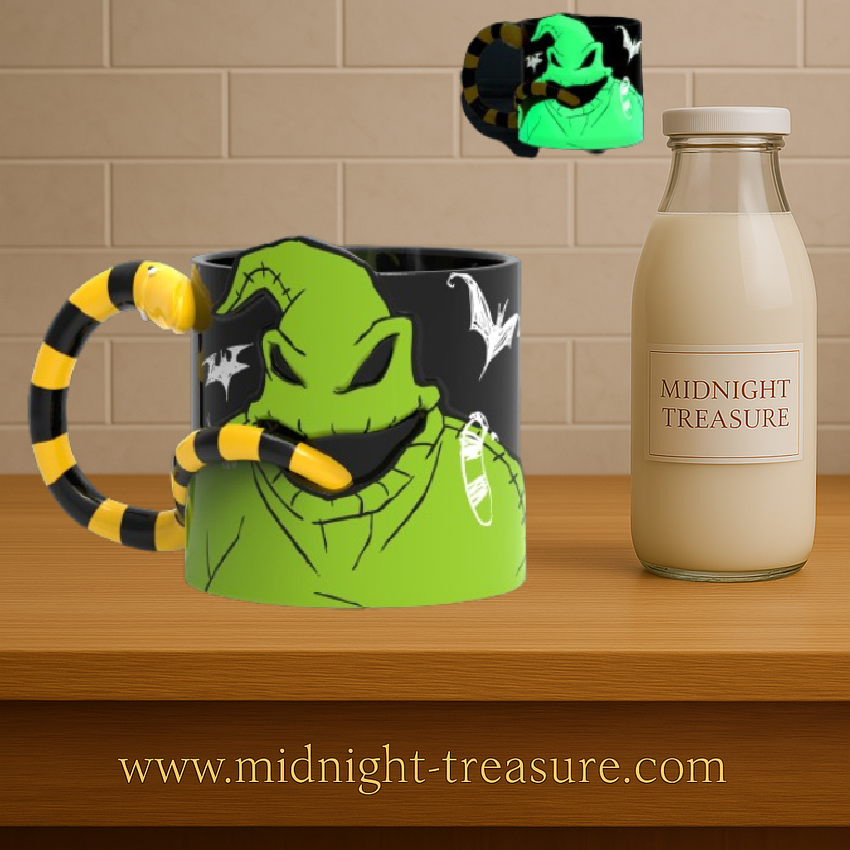 Mug 3D Oogie Boogie – L’Étrange Noël de Monsieur Jack – 300 ml – Officiel. Mug en céramique sculpté avec poignée en serpent et effet Glow in the Dark. Un must-have pour les fans de Tim Burton et Disney.