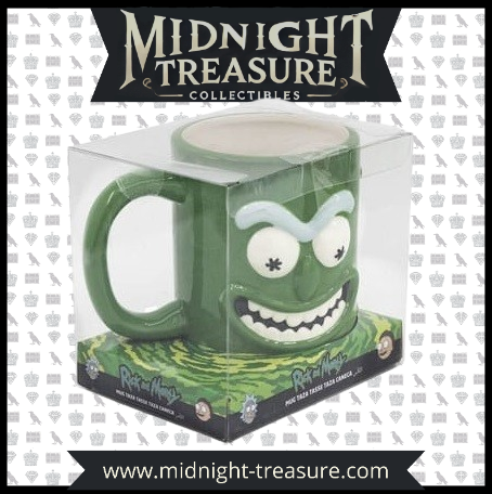 Mug 3D Pickle Rick – Rick & Morty – 739 ml – Céramique dolomite. Un mug sculpté en relief représentant Pickle Rick avec son expression iconique et sa couleur verte éclatante. Parfait pour les fans de la série culte d’Adult Swim.