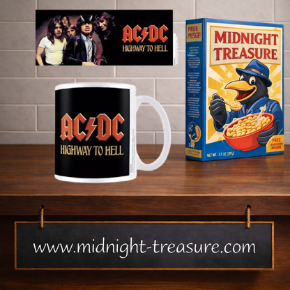 Mug AC/DC Highway To Hell 315 ml en céramique avec logo rouge et jaune sur fond noir et visuel des membres du groupe, inspiré de l'album de 1979.