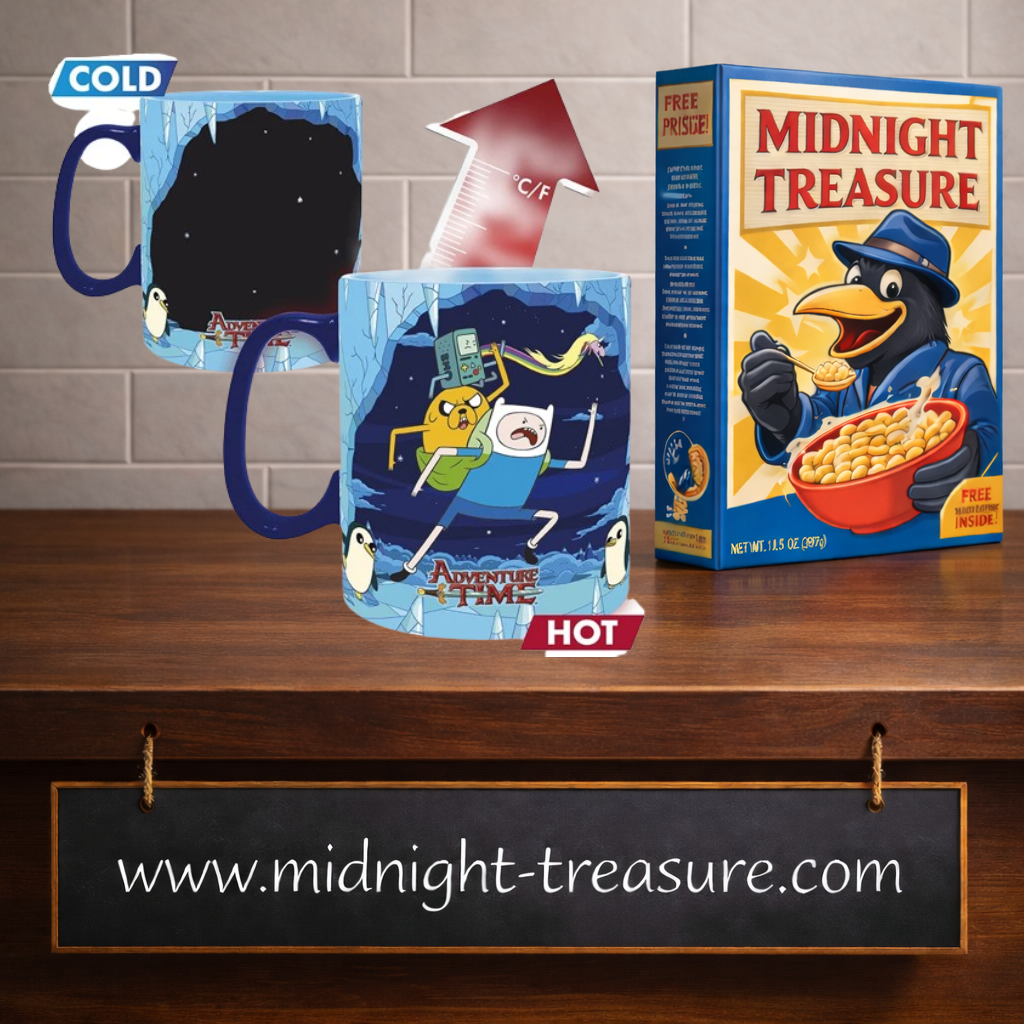 Mug thermoréactif Adventure Time 460 ml ABYstyle en céramique représentant Finn, Jake, le Roi des Glaces et plusieurs princesses, avec décor caché révélant Finn et Jake au contact d'une boisson chaude.