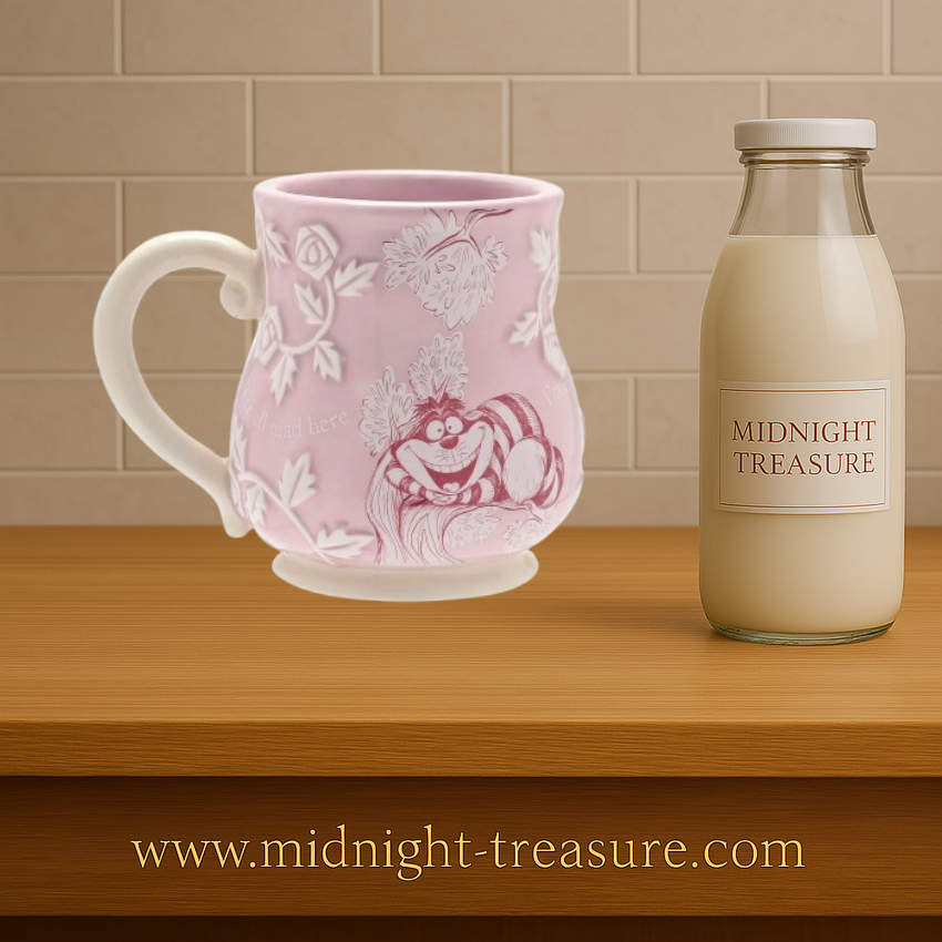 Mug en relief Disney Alice au pays des merveilles 350 ml rose avec motifs floraux et illustration du Chat du Cheshire.