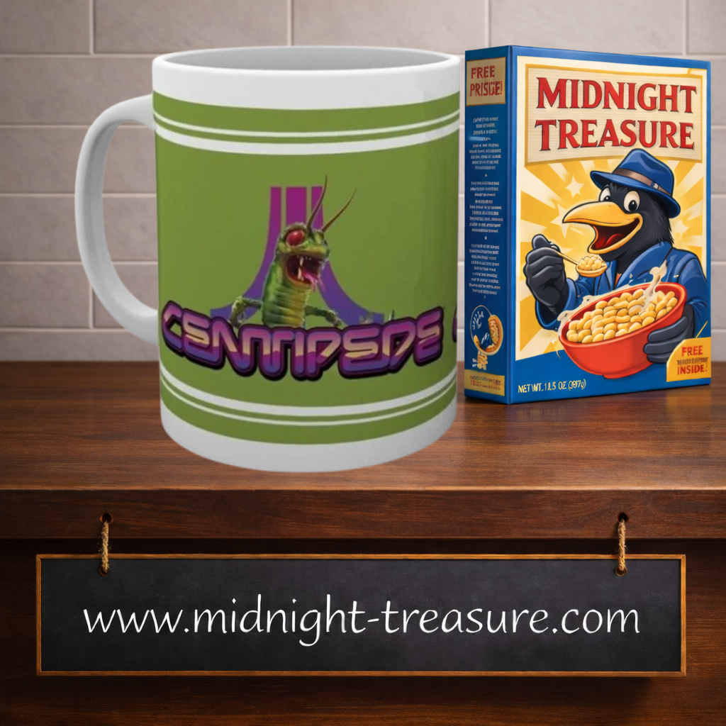 Mug officiel Atari Centipede 300 ml au design vert rétro avec créature Centipede, logo violet Atari et graphismes inspirés du célèbre jeu d'arcade de 1981.