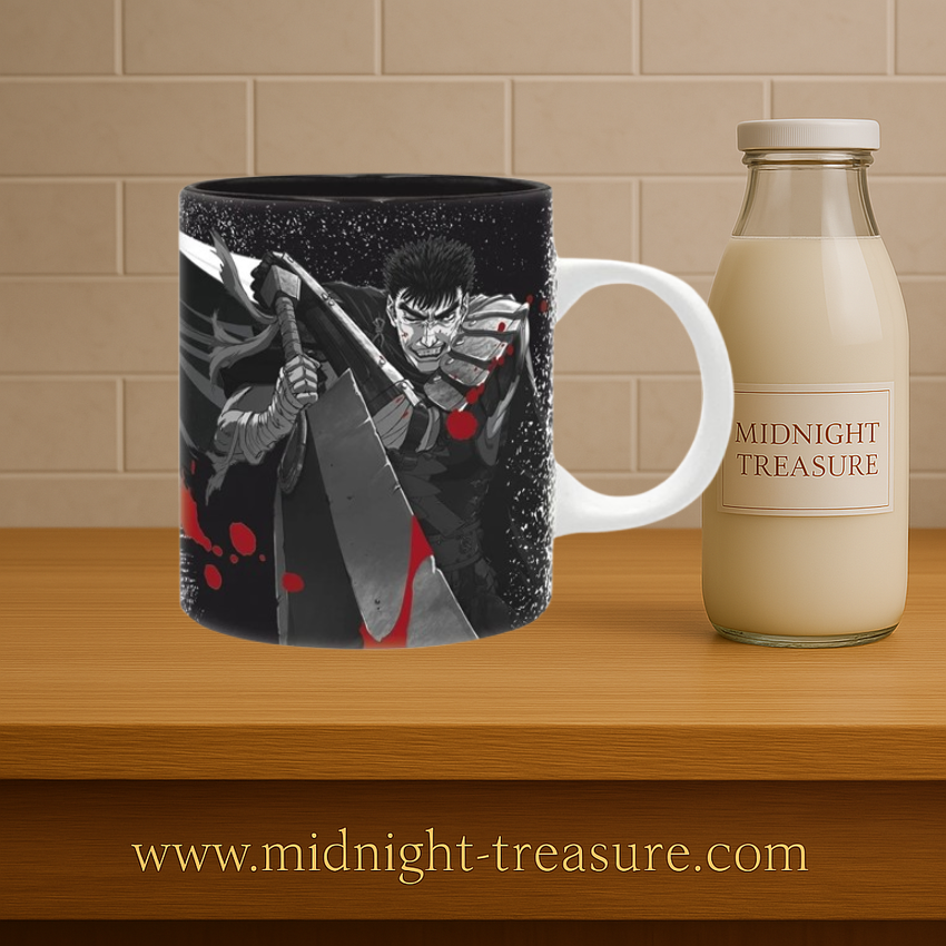 Mug Berserk – 320 ml. Illustration de Guts et Griffith en noir, blanc et rouge, inspirée du manga de Kentaro Miura.v