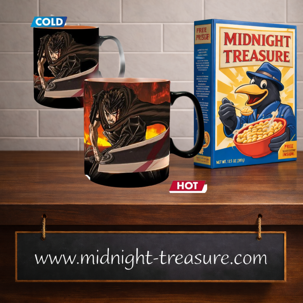 Mug thermoréactif Berserk 460 ml ABYstyle en céramique représentant Guts avec la Dragonslayer et plusieurs personnages de Berserk, avec décor passant du noir à des teintes rouges et orangées au contact d'une boisson chaude.
