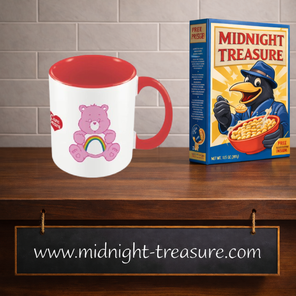 Mug Bisounours Toutgentille 325 ml en céramique blanche avec intérieur et anse rouges, personnage rose avec arc-en-ciel et inscription Keep Calm and Smile.