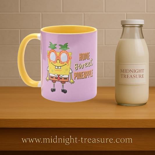 Mug Bob lâĂponge Home Sweet Pineapple 325 ml en cĂ©ramique avec intĂ©rieur jaune colorĂ©. Mug sous licence officielle SpongeBob, idĂ©al pour cafĂ©, thĂ© ou chocolat chaud.
