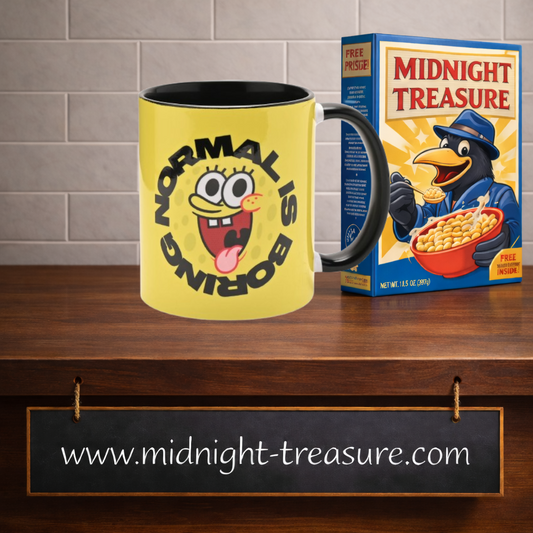 Mug Bob l’Éponge 325 ml en céramique avec intérieur noir et illustration humoristique du personnage accompagnée du texte “Normal is Boring”.