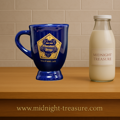 Mug chaudron Chocogrenouille Harry Potter en céramique bleue, design inspiré du Wizarding World avec logo doré, produit sous licence officielle.
