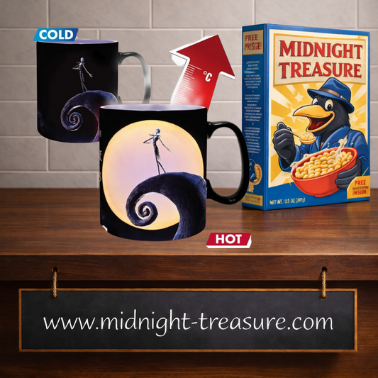 Mug thermoréactif L'Étrange Noël de Monsieur Jack 460 ml en céramique représentant Jack Skellington sur la colline en spirale, avec pleine lune et décor de la Ville d'Halloween apparaissant à chaud.