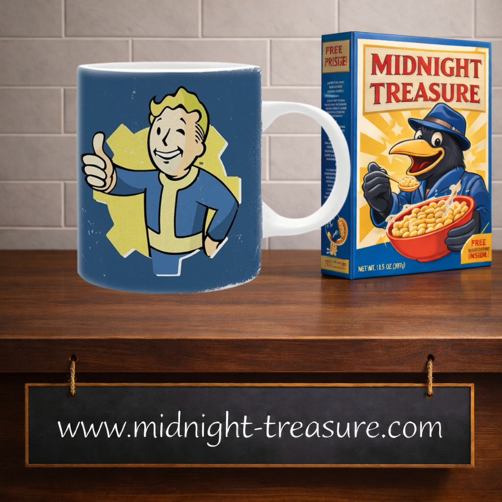 Mug Fallout avec Vault Boy faisant un pouce levé sur fond bleu style vintage avec logo Vault Tec en céramique 320 ml.