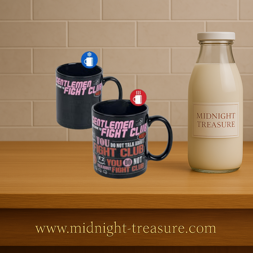 Mug Fight Club thermoréactif – 315 ml. Mug en céramique dont le visuel révèle les règles du Fight Club au contact d’une boisson chaude, produit sous licence officielle.