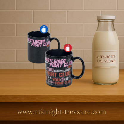 Mug Fight Club thermoréactif – 315 ml. Mug en céramique dont le visuel révèle les règles du Fight Club au contact d’une boisson chaude, produit sous licence officielle.
