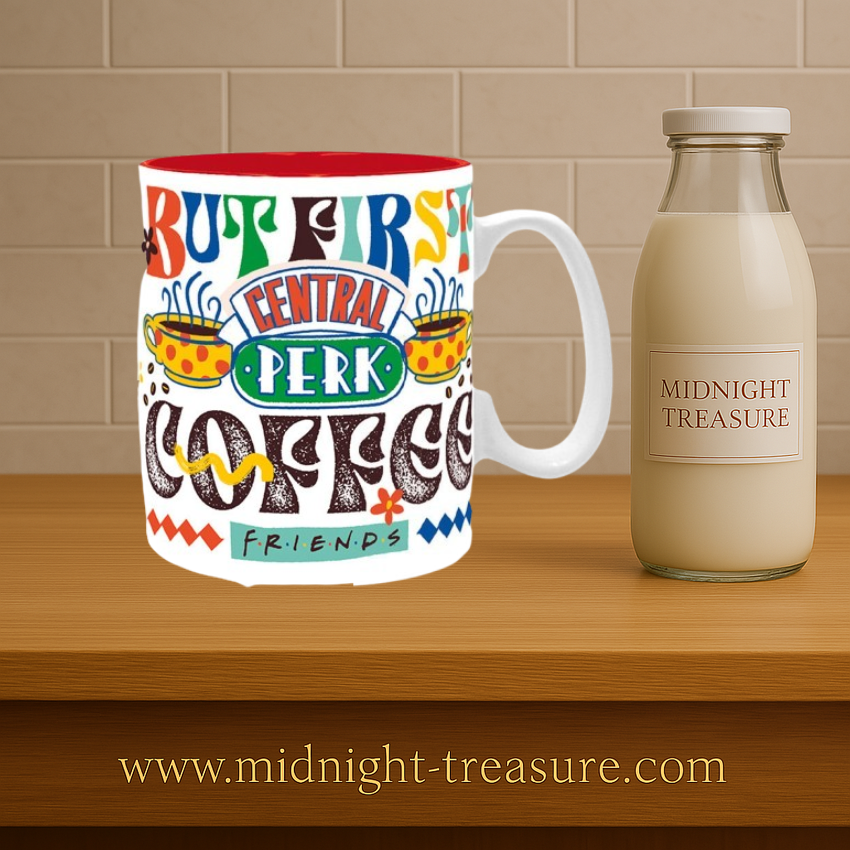 Mug Friends – Central Perk Vibes – 460 ml – ABYstyle. Mug blanc aux couleurs rétro avec le canapé du Central Perk et le logo emblématique. Grande contenance idéale pour les fans de la série.