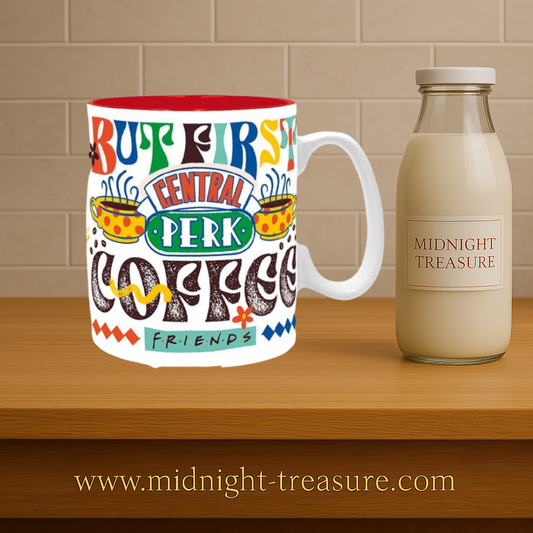 Mug Friends – Central Perk Vibes – 460 ml – ABYstyle. Mug blanc aux couleurs rétro avec le canapé du Central Perk et le logo emblématique. Grande contenance idéale pour les fans de la série.