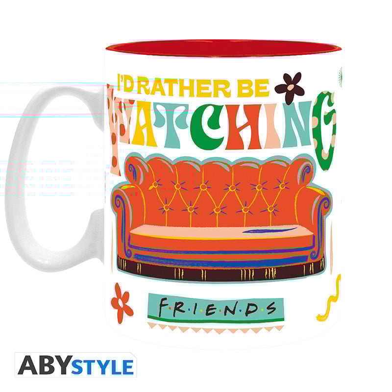 Mug Friends – Central Perk Vibes – 460 ml – ABYstyle. Mug blanc aux couleurs rétro avec le canapé du Central Perk et le logo emblématique. Grande contenance idéale pour les fans de la série.