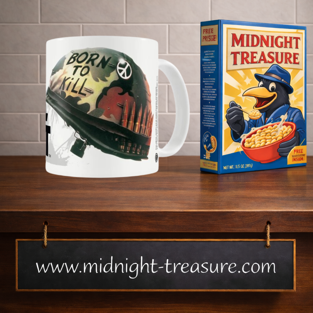 Mug Full Metal Jacket Born to Kill 320 ml en céramique blanche avec casque militaire camouflage, inscription Born to Kill, symbole Peace & Love, cartouches et logo du film.