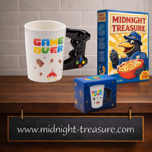 Mug Game Over 400 ml en céramique avec anse 3D en forme de manette de jeu. Tasse originale au design rétro pixel art inspiré des jeux vidéo d'arcade et des consoles de gaming.