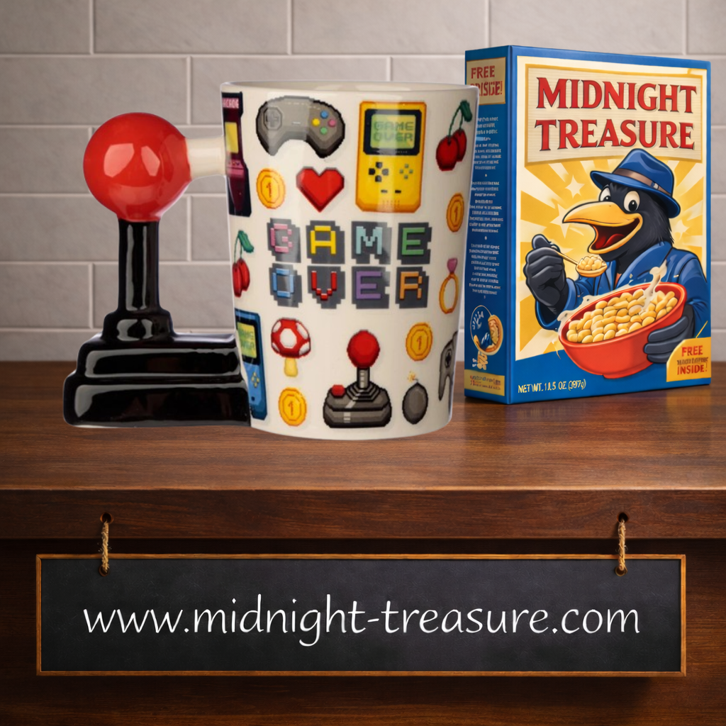Mug Game Over Joystick & Pixels 400 ml en céramique avec anse 3D en forme de joystick d'arcade. Tasse au design pixel art représentant consoles rétro, manettes, bornes d'arcade et accessoires de jeux vidéo.