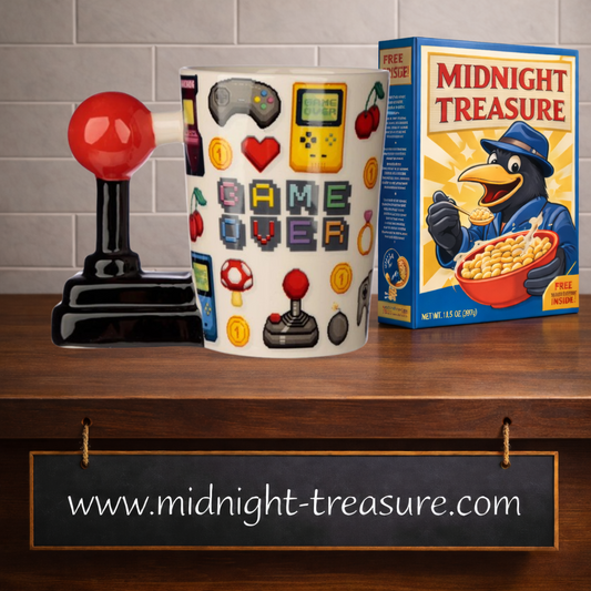 Mug Game Over Joystick & Pixels 400 ml en céramique avec anse 3D en forme de joystick d'arcade. Tasse au design pixel art représentant consoles rétro, manettes, bornes d'arcade et accessoires de jeux vidéo.