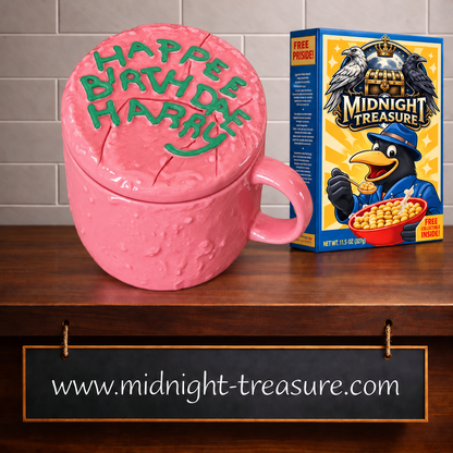 Mug Harry Potter Happee Birthdae en céramique avec couvercle, reproduisant le célèbre gâteau d’anniversaire rose offert par Hagrid à Harry Potter. Un objet collector officiel idéal pour les fans du monde des sorciers.