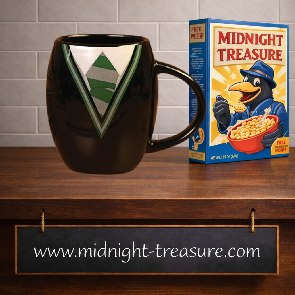 Mug ovale Harry Potter Slytherin Uniform 425 ml noir en céramique avec blason de Serpentard et design inspiré de l'uniforme vert et argent de la maison de Poudlard.