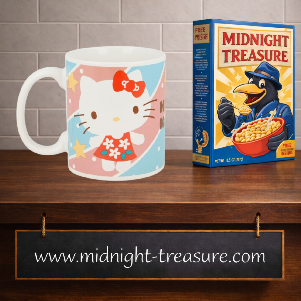 Mug Hello Kitty Cute Red Dress 325 ml avec Hello Kitty en robe rouge fleurie et nœud rouge sur un décor rétro pastel rose, bleu et jaune avec étoiles.